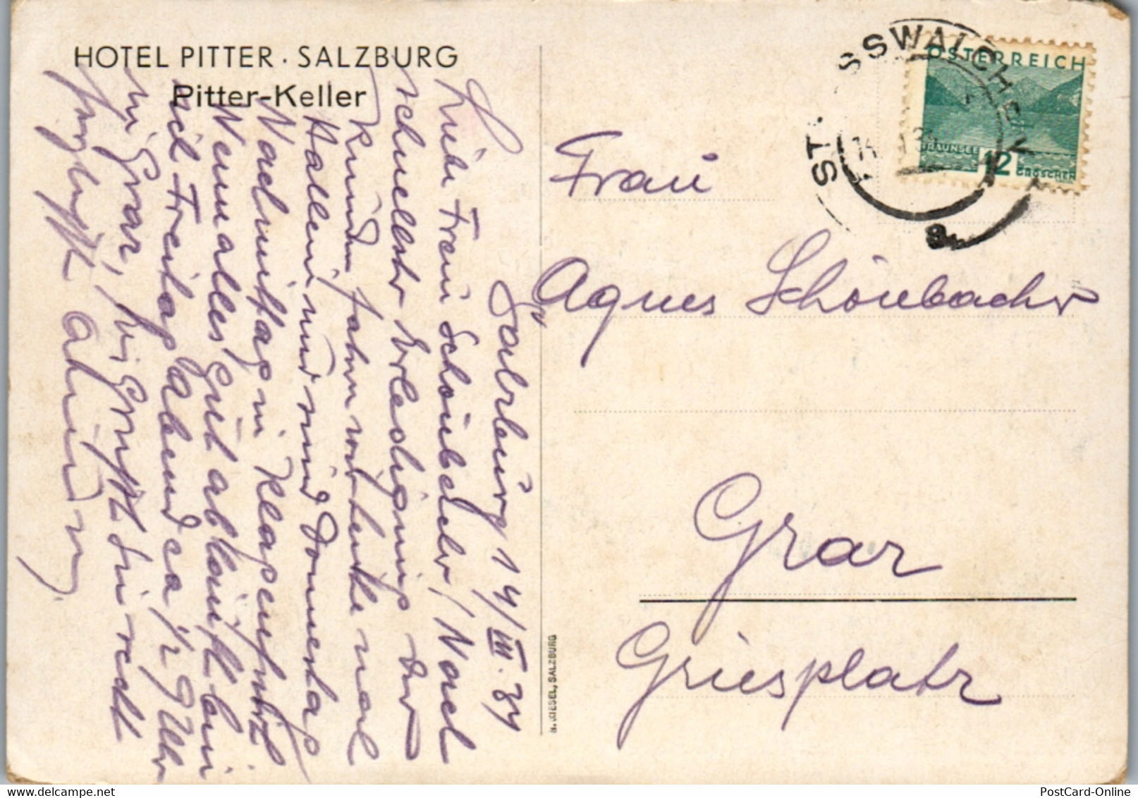 6096 - Künstlerkarte - Salzburg , Hotel Pitter , Pitter Keller , August Moser - Gelaufen 1934 - Moser