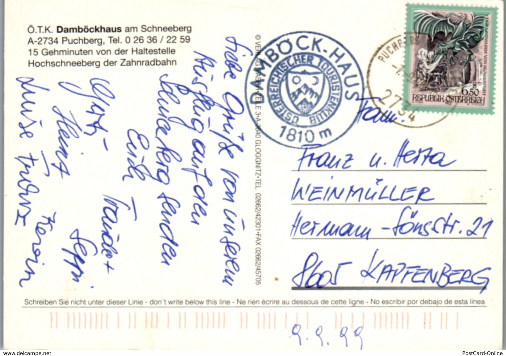 6383 - Niederösterreich - Puchberg , Damböckhaus Am Schneeberg , Hochschneeberg , Zahrradbahn - Gelaufen 1999 - Schneeberggebiet