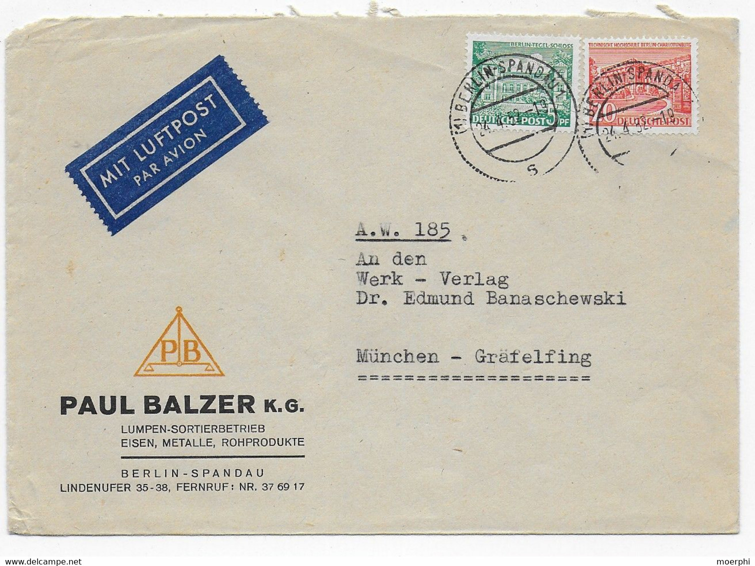 Berlin 1952-  Luftpost - Bedarfsbrief Nach München - Frankatur Berliner Bauten - Covers & Documents