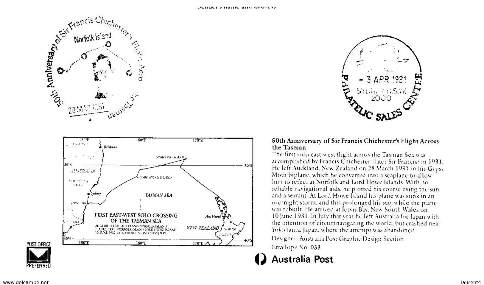 (II [ii] 14) Australia - 1981 - Aviation (2 Covers With Special Postmarks)  Chichester's Tasman Flight 50th Ani. - Primi Voli