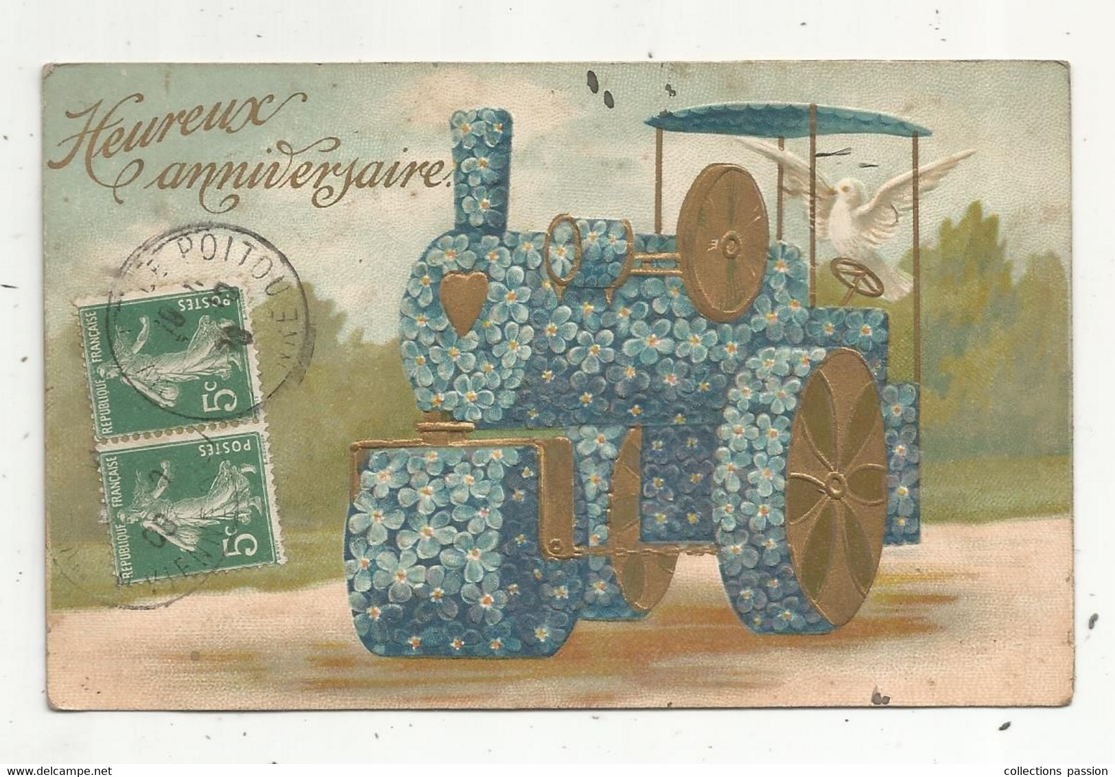 Cp , Automobile , Tracteur , HEUREUX ANNIVERSAIRE , Fleurs , Gaufrée , Voyagée 1908 - Andere & Zonder Classificatie