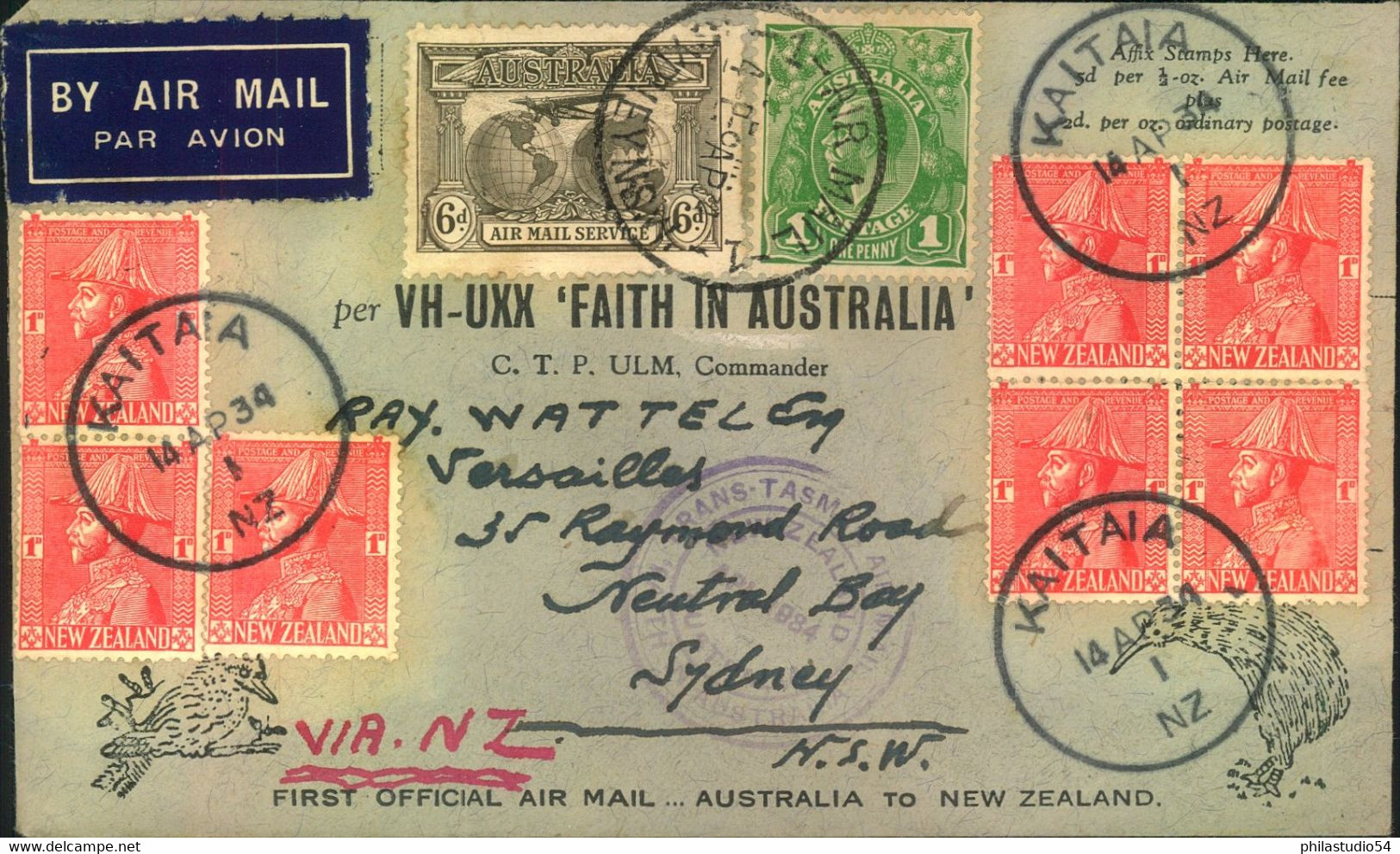 1934, Airmail Per "VH-UKK "FAITH IN AUSTRALIA" From Sydney With Arrival AUCKLAND. Back With New Zealand Franking From KA - Storia Postale