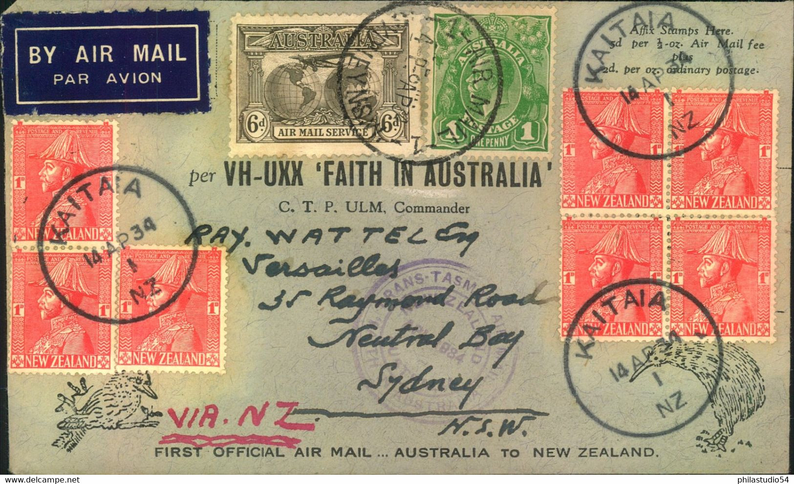 1934, Airmail Per "VH-UKK "FAITH IN AUSTRALIA" From Sydney With Arrival AUCKLAND. Back With New Zealand Franking From KA - Cartas & Documentos