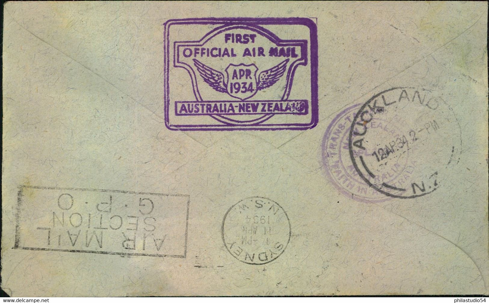 1934, Airmail Per "VH-UKK "FAITH IN AUSTRALIA" From Sydney With Arrival AUCKLAND. Back With New Zealand Franking From KA - Storia Postale