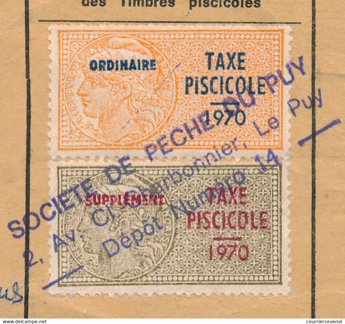 FRANCE - Carte De Pêche Haute Loire 1970 - Fiscaux Taxe Piscicole Ordinaire + Suppléments 1970 - Andere & Zonder Classificatie