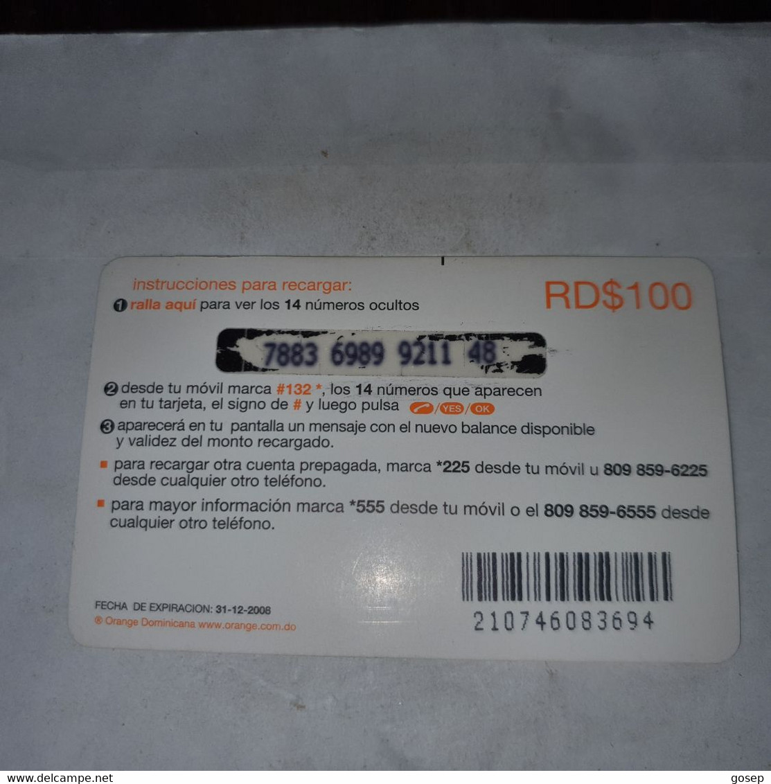 Dominicana-(orange-23rd$100)-(4)-(7883-6989-9211-48)-(31.12.2008)-used Card+1card Prepiad Free - Dominicaine