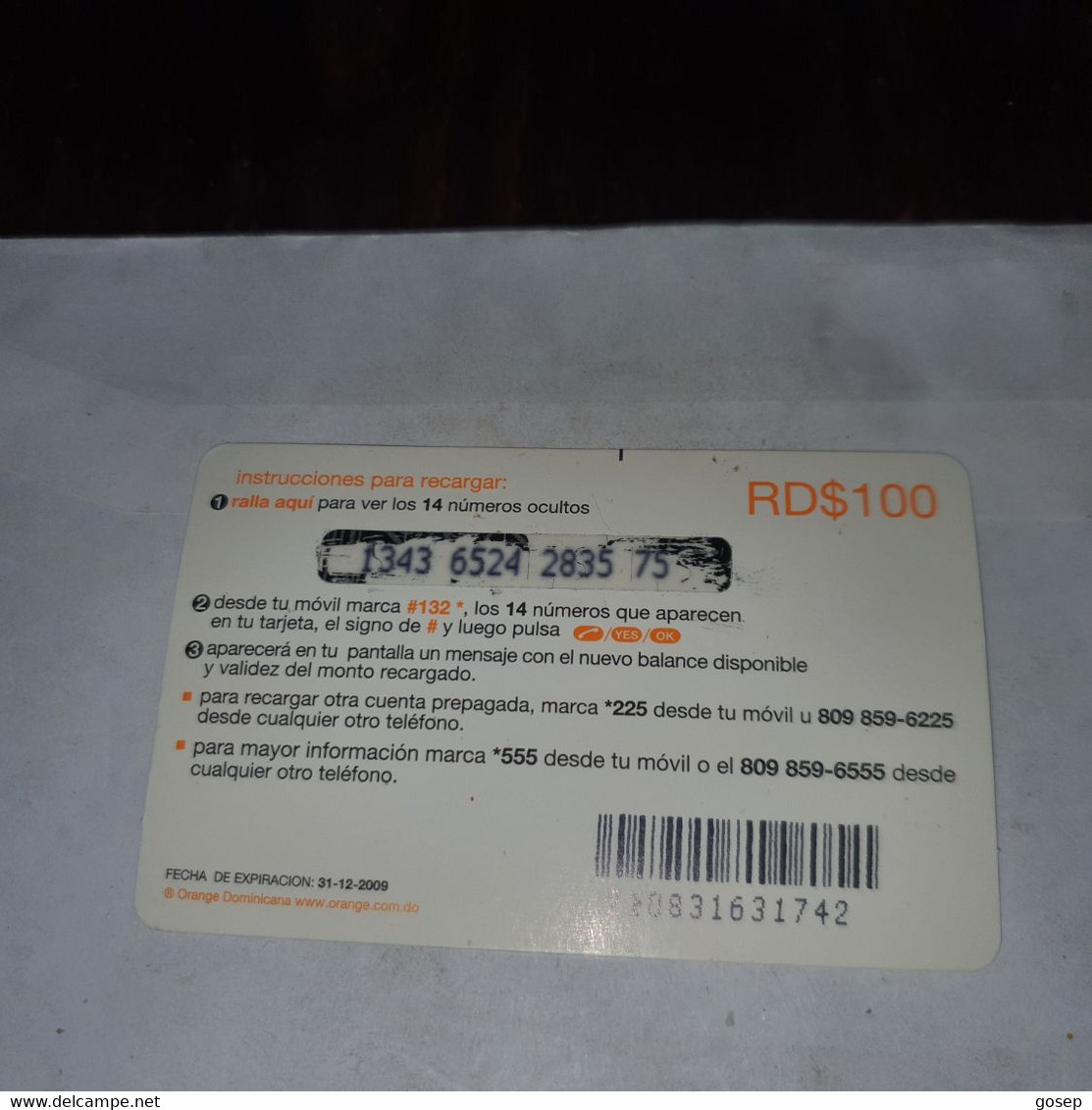 Dominicana-(orange-24rd$100)-(5)-(1343-6524-2835-75)-(31.12.2009)-used Card+1card Prepiad Free - Dominicaine