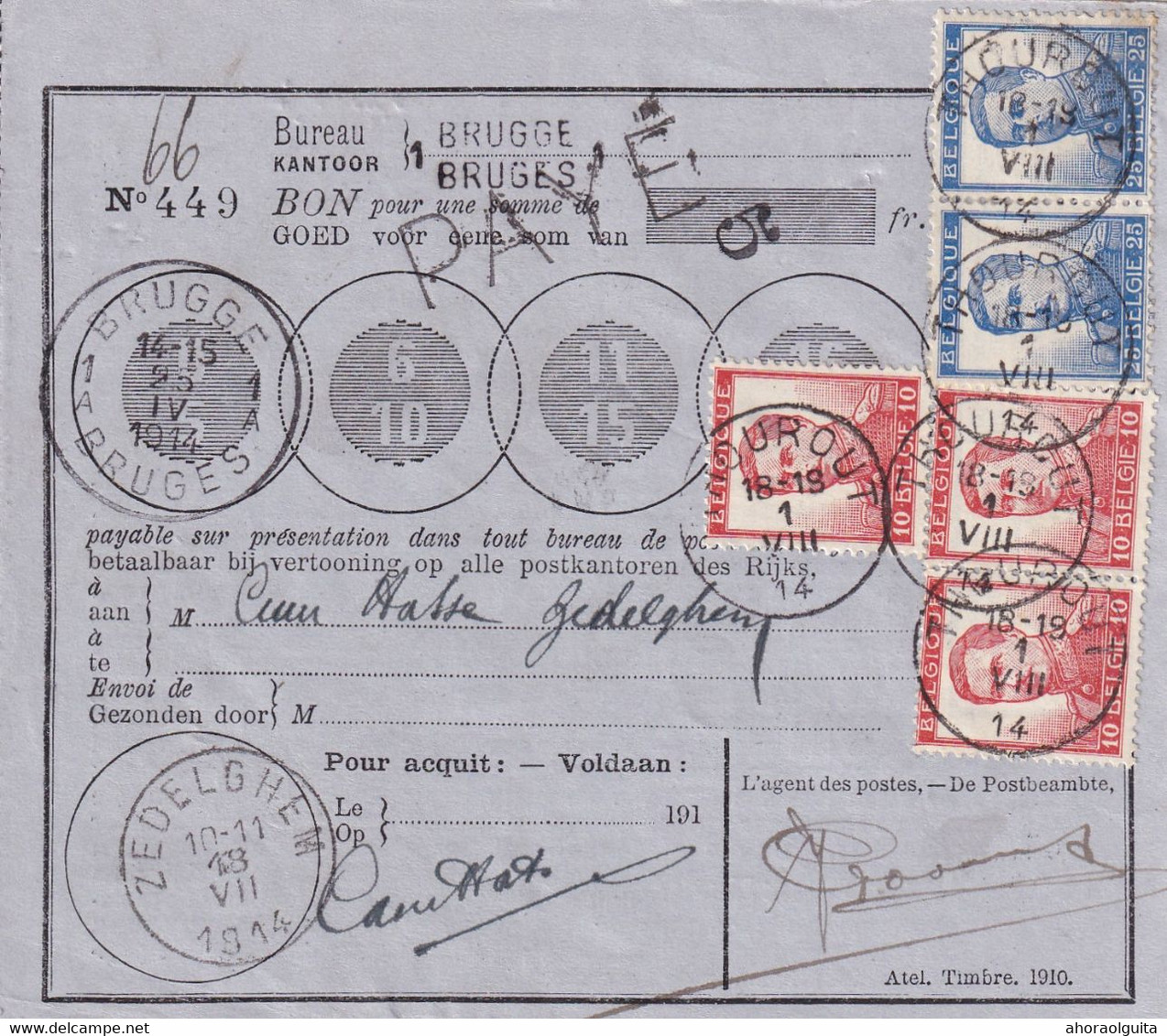 DDY 555 -- Collection THOUROUT - Bon De Poste BRUGES Avril 1914 Vers ZEDELGHEM 7/1914 - TP Pellens THOUROUT 1/8/1914 !!! - Post Office Leaflets