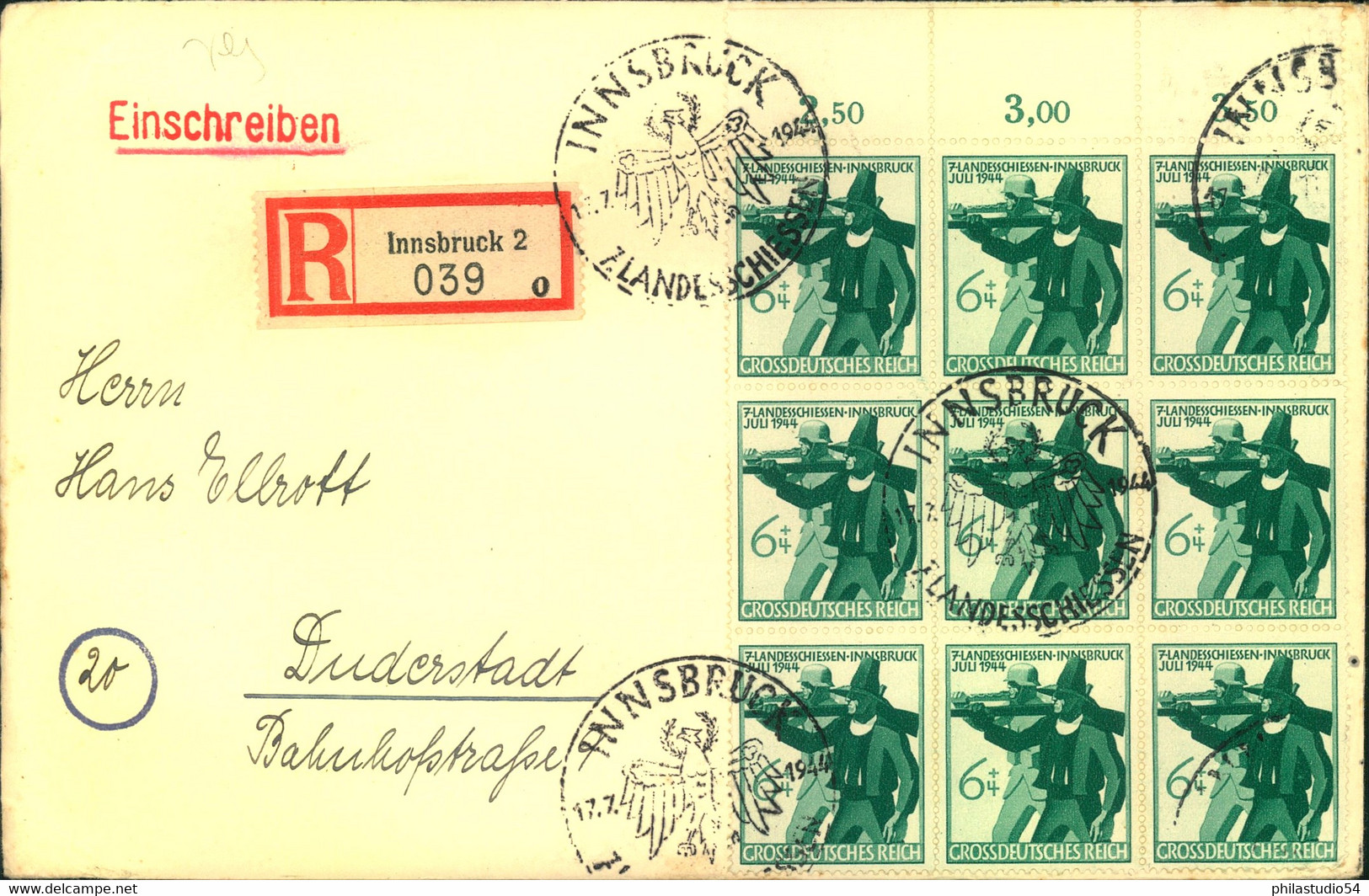 1944, 6 Pfg. Landesschiessen Im 9-er-Block Vom OR Auf R-Brief 2. Gewicht Mit SST INNSBRUCK - Otros & Sin Clasificación