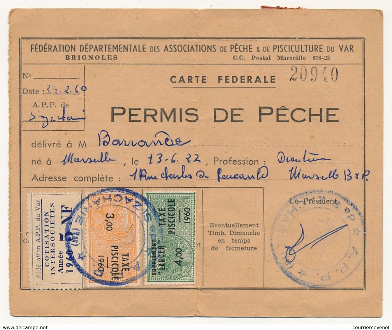 FRANCE - Carte Fédérale Permis De Pêche VAR 1960 - Fiscaux Taxe Piscicole Ordinaire + Supplément Lancer + Cotisation... - Other & Unclassified