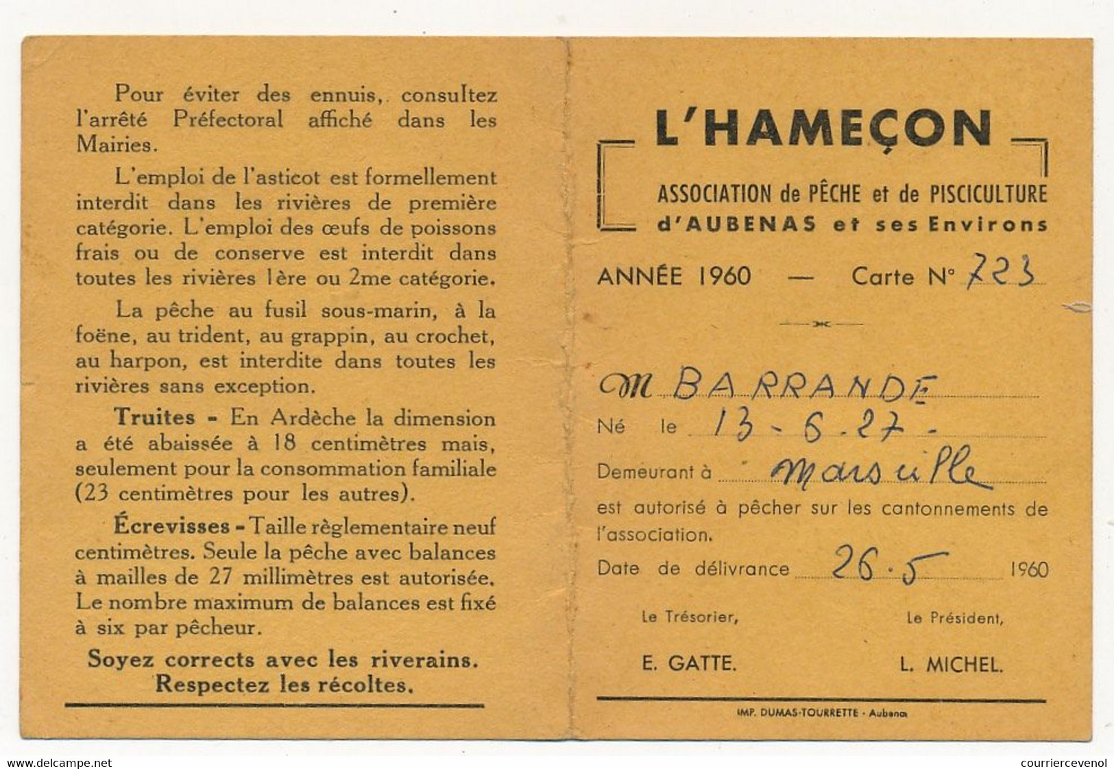 FRANCE - Carte Fédérale Permis De Pêche VAR 1960 - Fiscaux Taxe Piscicole Ordinaire + Supplément Lancer + Cotisation... - Other & Unclassified