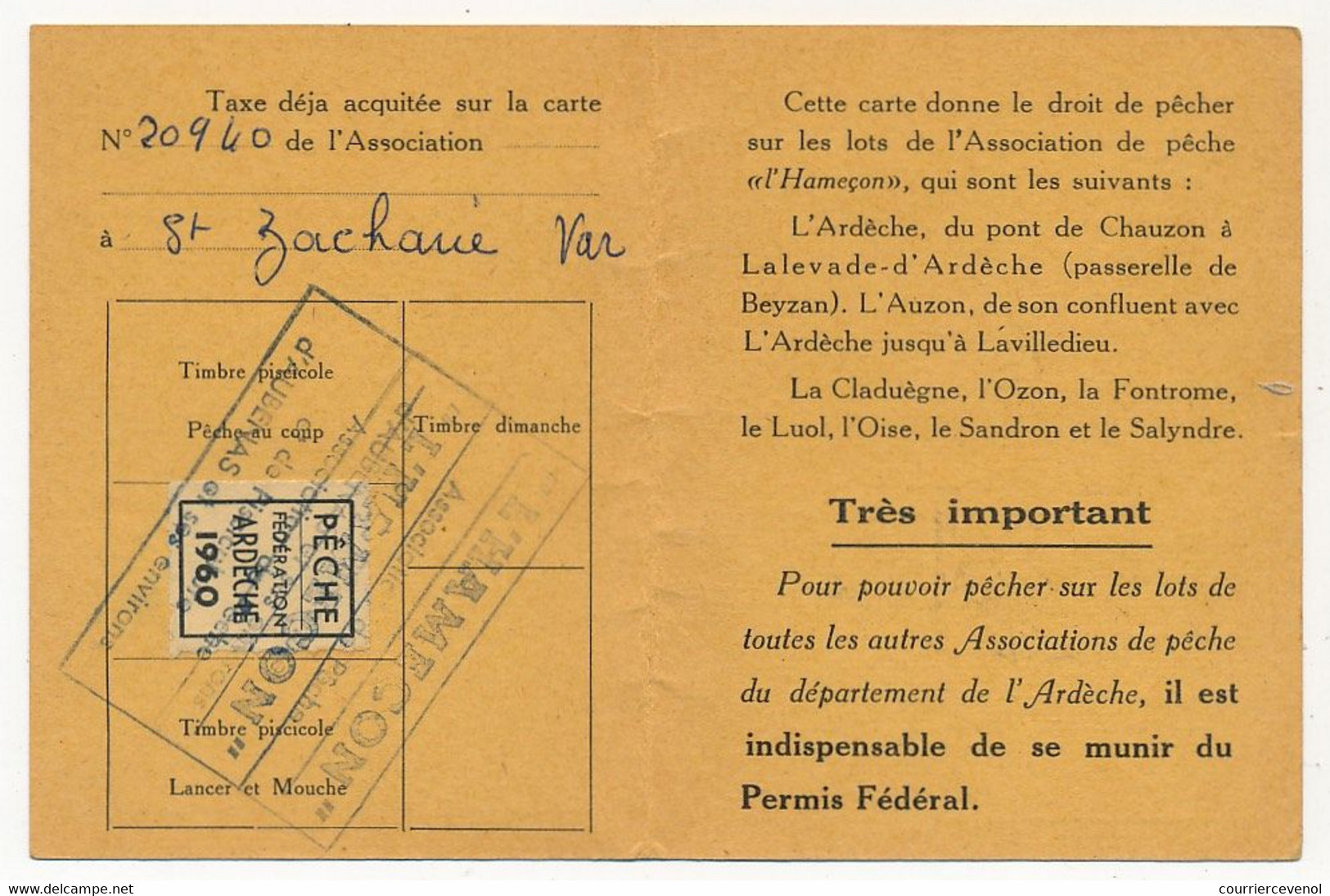 FRANCE - Carte Fédérale Permis De Pêche VAR 1960 - Fiscaux Taxe Piscicole Ordinaire + Supplément Lancer + Cotisation... - Other & Unclassified