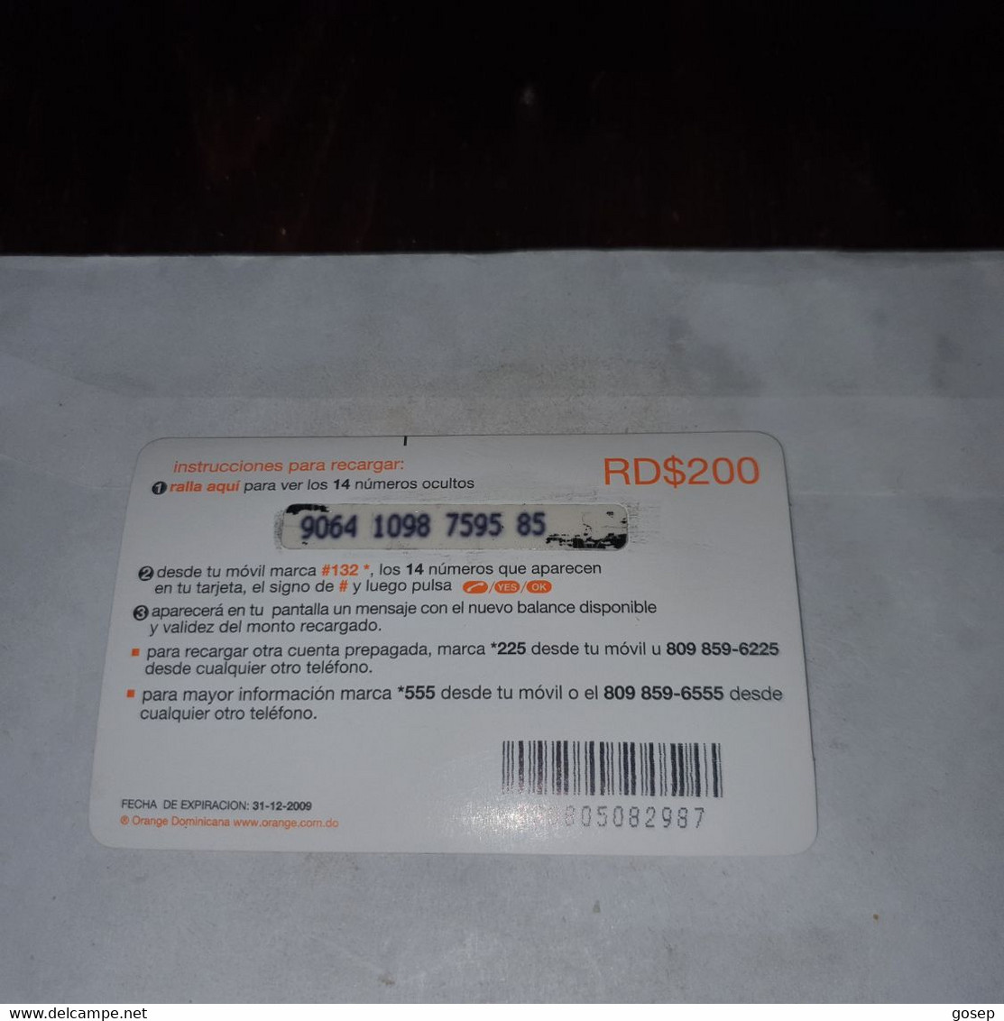 Dominicana-(orange-25rd$200)-(23)-(9064-1098-7595-85)-(31.12.2009)-used Card+1card Prepiad Free - Dominicaine