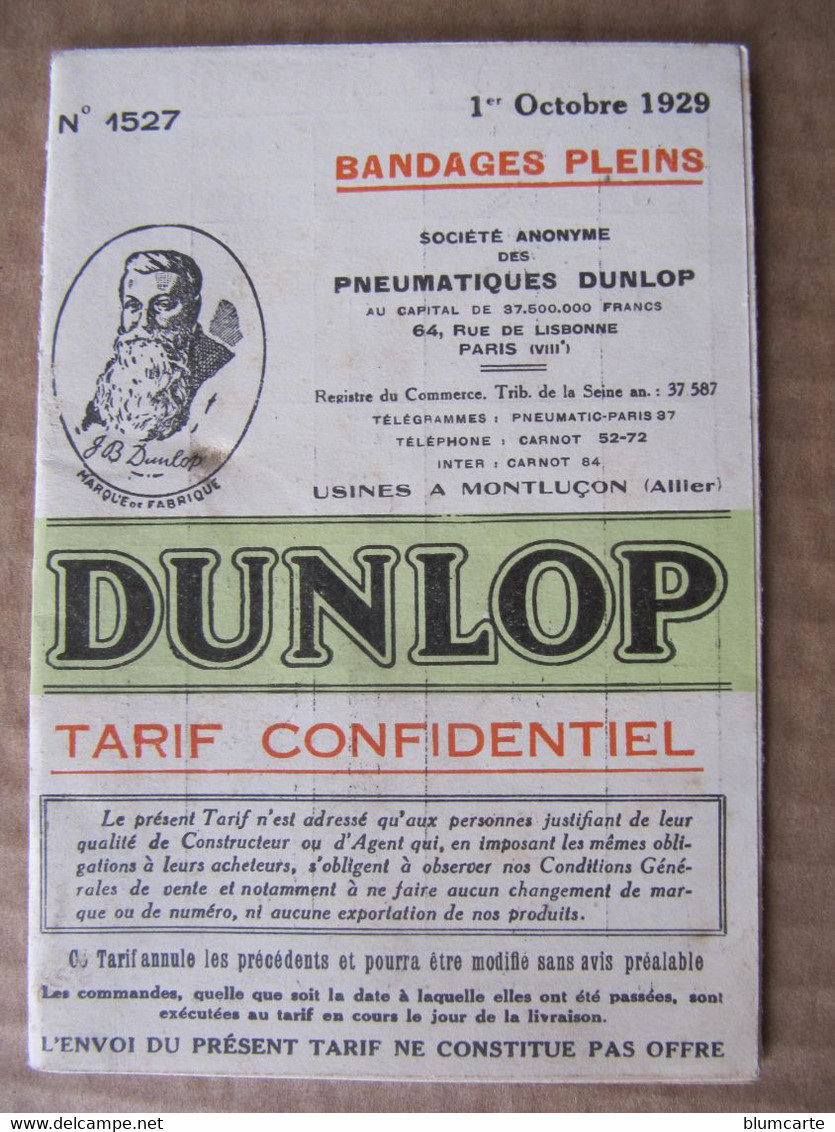 DEPLIANT 5 VOLETS  - DUNLOP - BANDAGES PLEINS - TARIF CONFIDENTIEL - OCTOBRE 1929 - Advertising