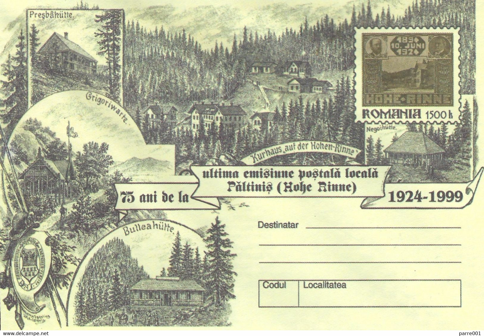 Romania 1999 Hohe Rinne Paltinis Kurhaus Kurort 1924-1999 Postal Stationary Cover - Kuurwezen