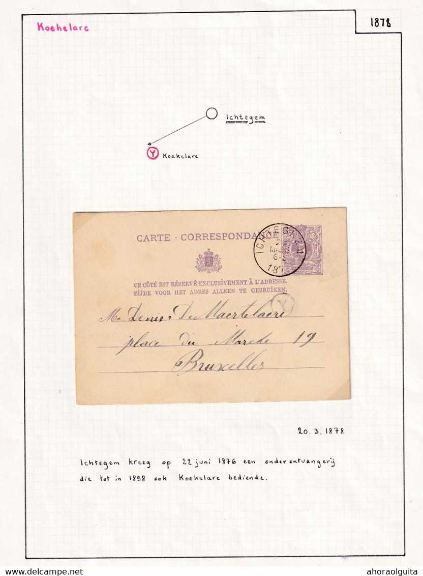 DDY 565 -- Collection THOUROUT - Entier Lion Couché ICHTEGEM 1878 - Boite Rurale Y De KOEKELARE - Vers BXL - Correo Rural