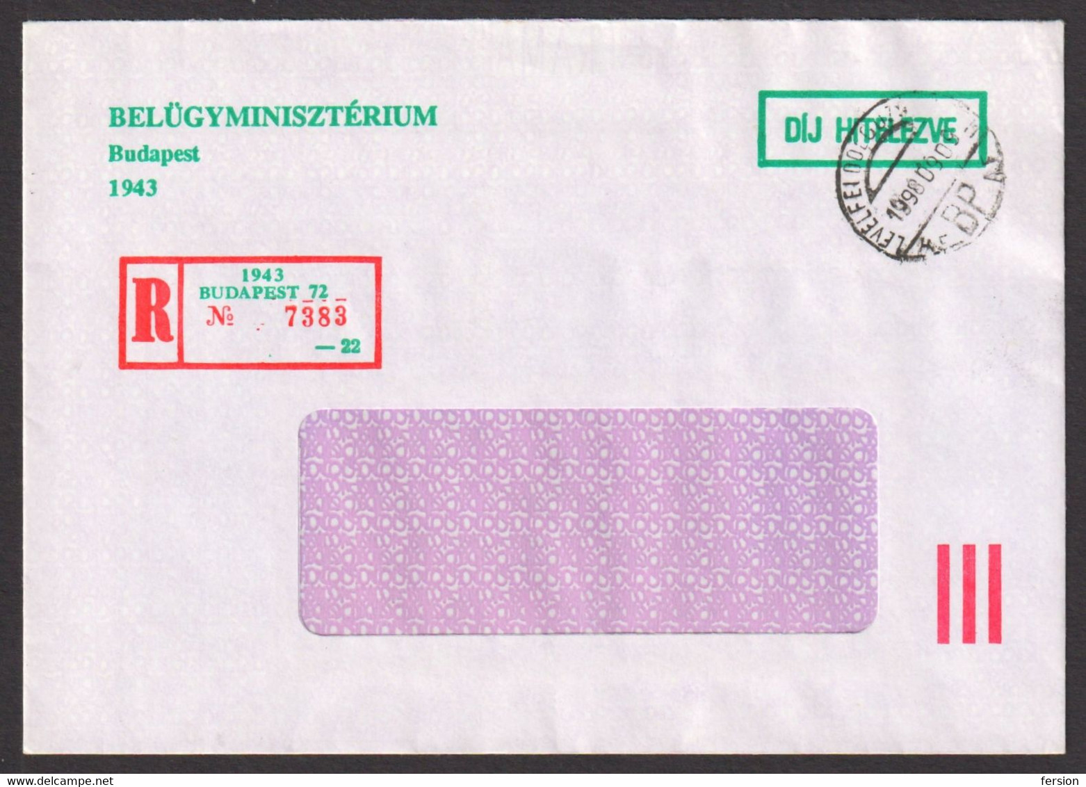 Registered Letter Cover 1998 Hungary OFFICIAL Imprinted Label Ministry Interior Port Paye Taxe Percue Paid - Storia Postale