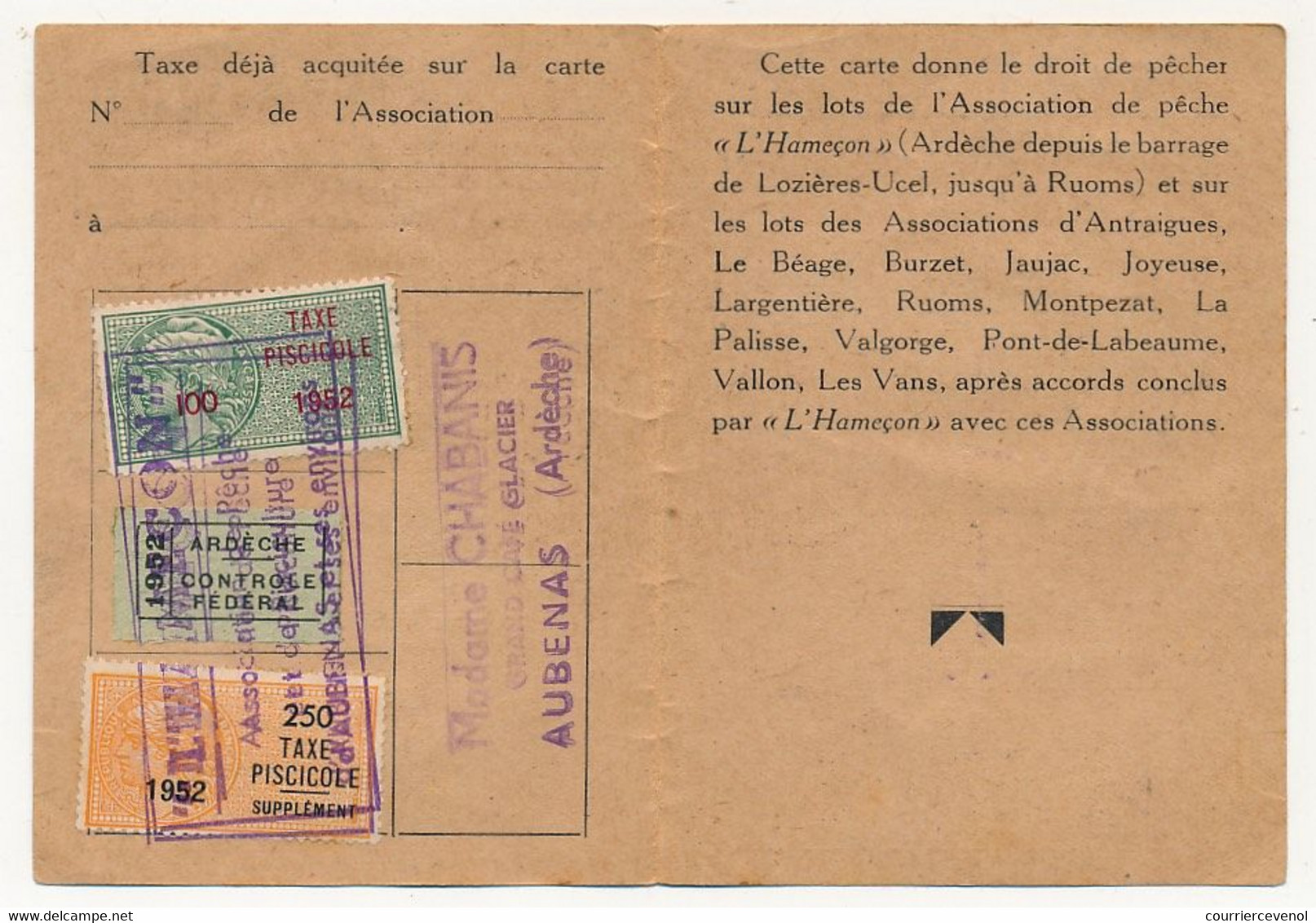 FRANCE - Carte De Pêche L'HAMEÇON Aubenas Ardèche 1952 - Fiscaux Taxe Piscicole Ordinaire + Supplément Lancer + Contrôle - Other & Unclassified