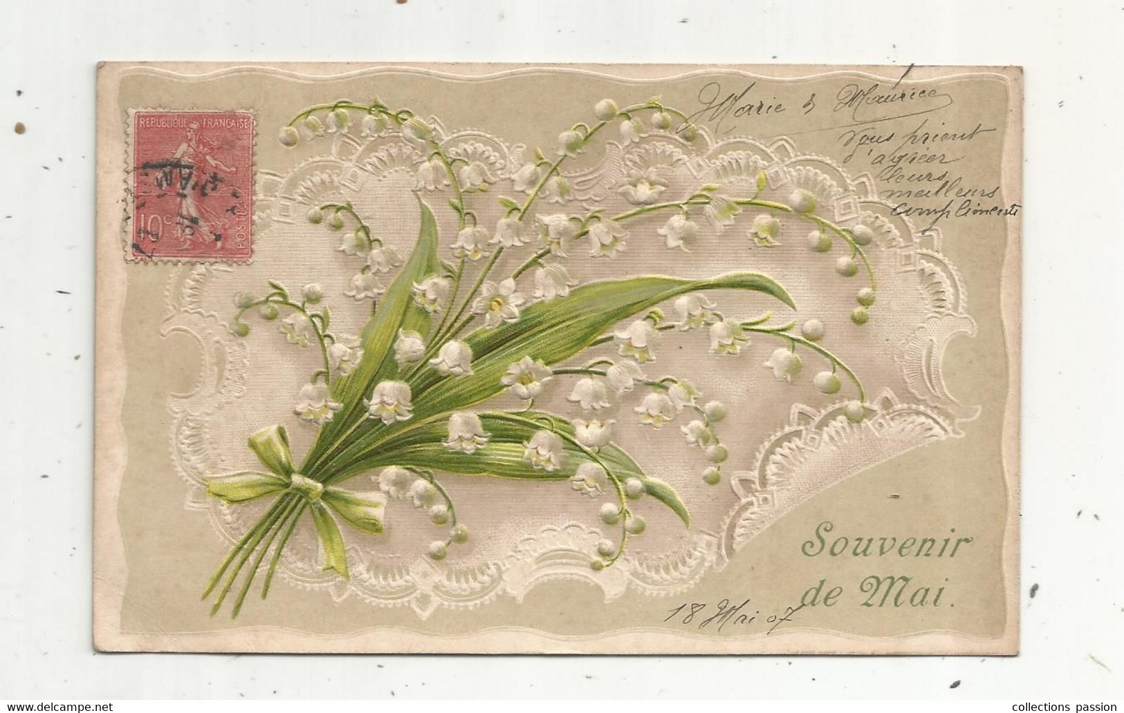 Cp , Fleurs , Muguet , SOUVENIR DE MAI , Gaufrée , Voyagée , Union Postale Universelle - Fleurs