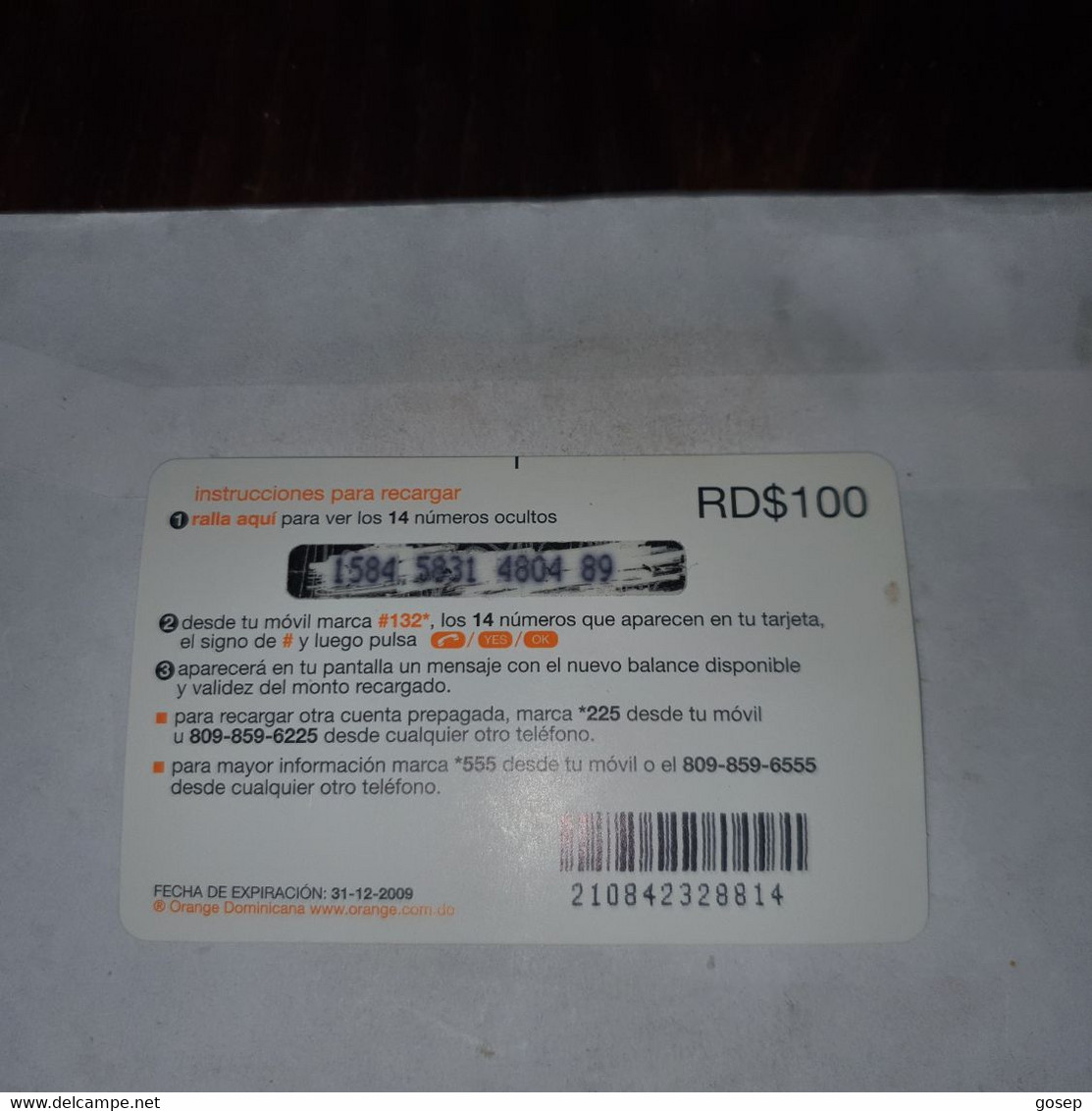 Dominicana-(orange-28rd$100)-(1584-5831-4804-89)-three Mango-(34)-(31.12.2009)-used Card+1card Prepiad Free - Dominica