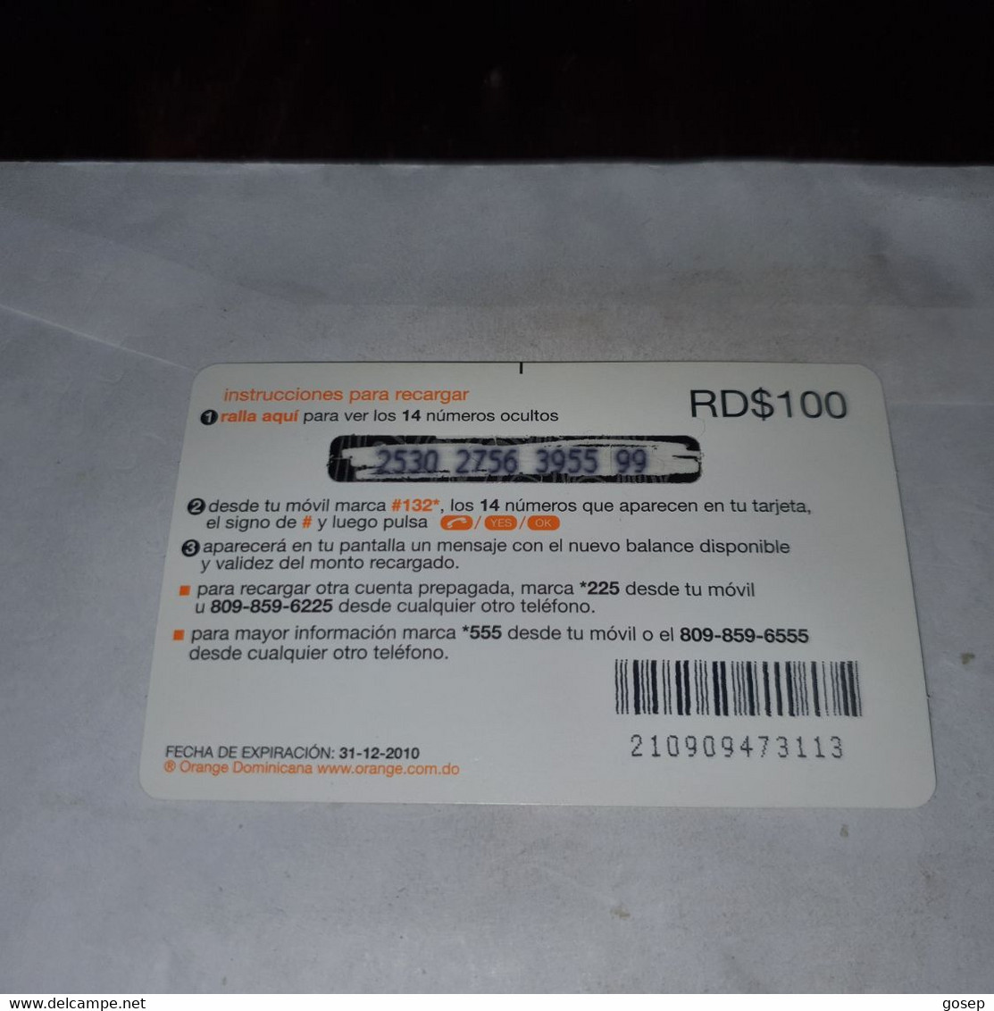 Dominicana-(orange-29rd$100)-(2530-2756-3955-99)-three Mango-(37)-(31.12.2010)-used Card+1card Prepiad Free - Dominicana