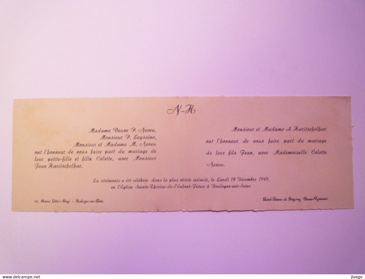 2021 - 776  FAIRE-PART De MARIAGE De Jean HARITSCHELBAR Et Colette NEVEU  1949   XXX - Huwelijksaankondigingen