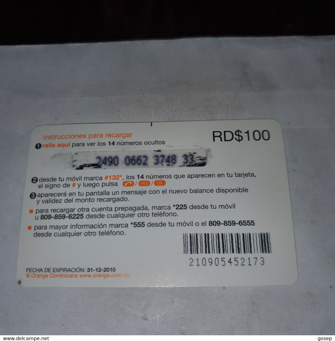 Dominicana-(orange-29rd$100)-(2490-0662-3748-33)-three Mango-(38)-(31.12.2010)-used Card+1card Prepiad Free - Dominicaine