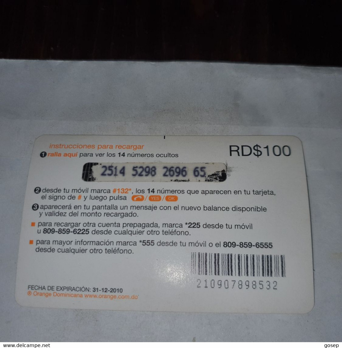 Dominicana-(orange-29rd$100)-(2514-5298-2696-65)-three Mango-(39)-(31.12.2010)-used Card+1card Prepiad Free - Dominicana