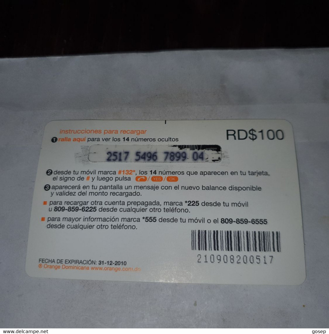 Dominicana-(orange-29rd$100)-(2517-5496-7899-04)-three Mango-(41)-(31.12.2010)-used Card+1card Prepiad Free - Dominik. Republik