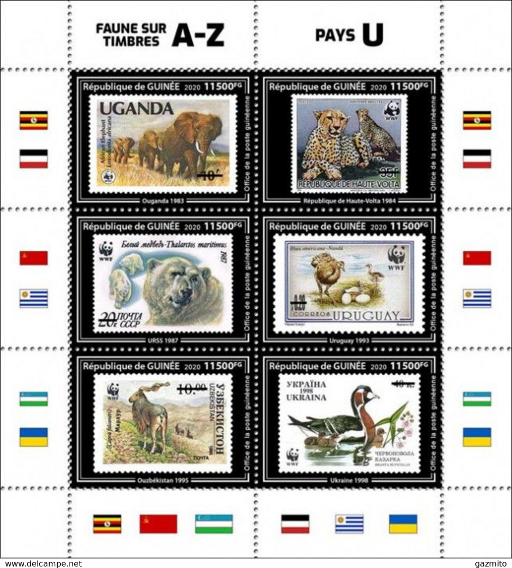 Guinea 2020, WWF On Stamp, Elephant, Wild Cat, Bear, Ostrich, Duck, 6val In BF - Straussen- Und Laufvögel