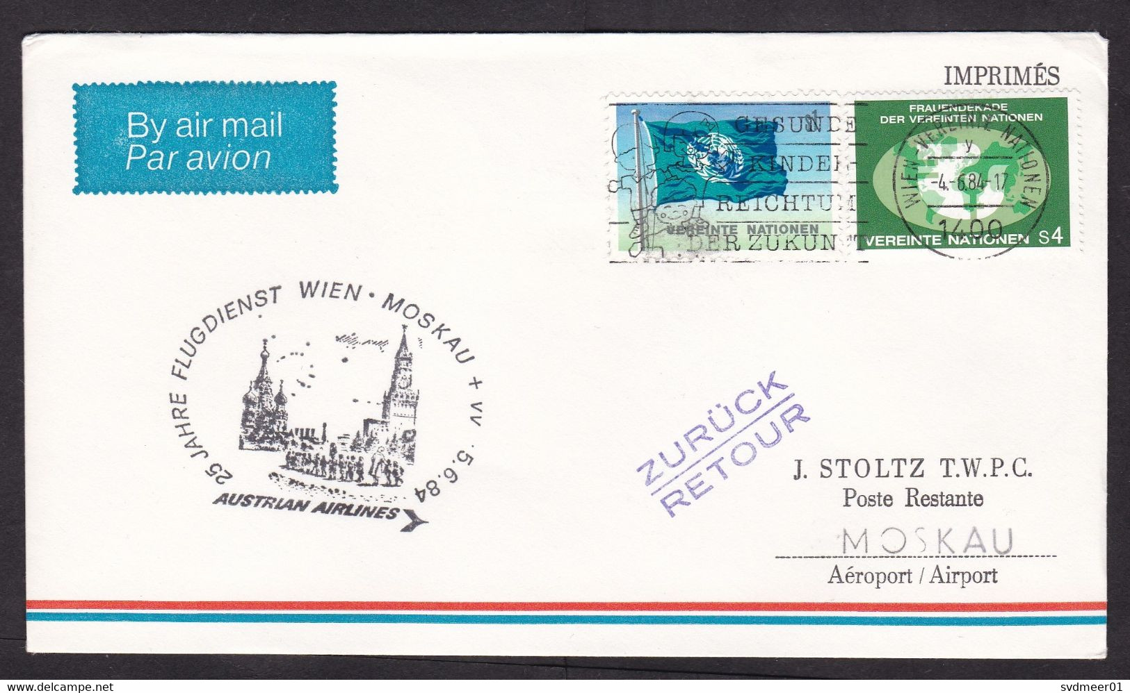 United Nations Vienna: Special Flight Cover, 1984, Austrian Airlines To Moscow USSR, Returned, Retour (traces Of Use) - Brieven En Documenten