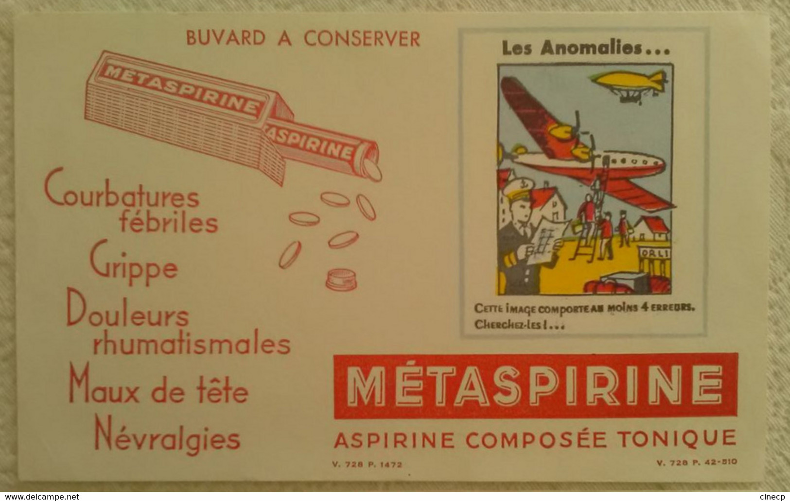 Buvard PUB METASPIRINE MEDICAMENT PHARMACIE JEU DEVINETTE ERREURS ANOMALIES ILLUSTRATEUR AVION DIRIGEABLE - Peintures