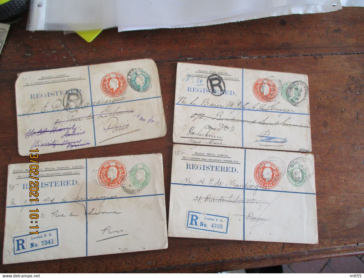 Lot De 4 Entier Postal Stationnery Card  Four Penny Et  Half Penny Registered Nourse Mines London Pour Paris - Material Postal