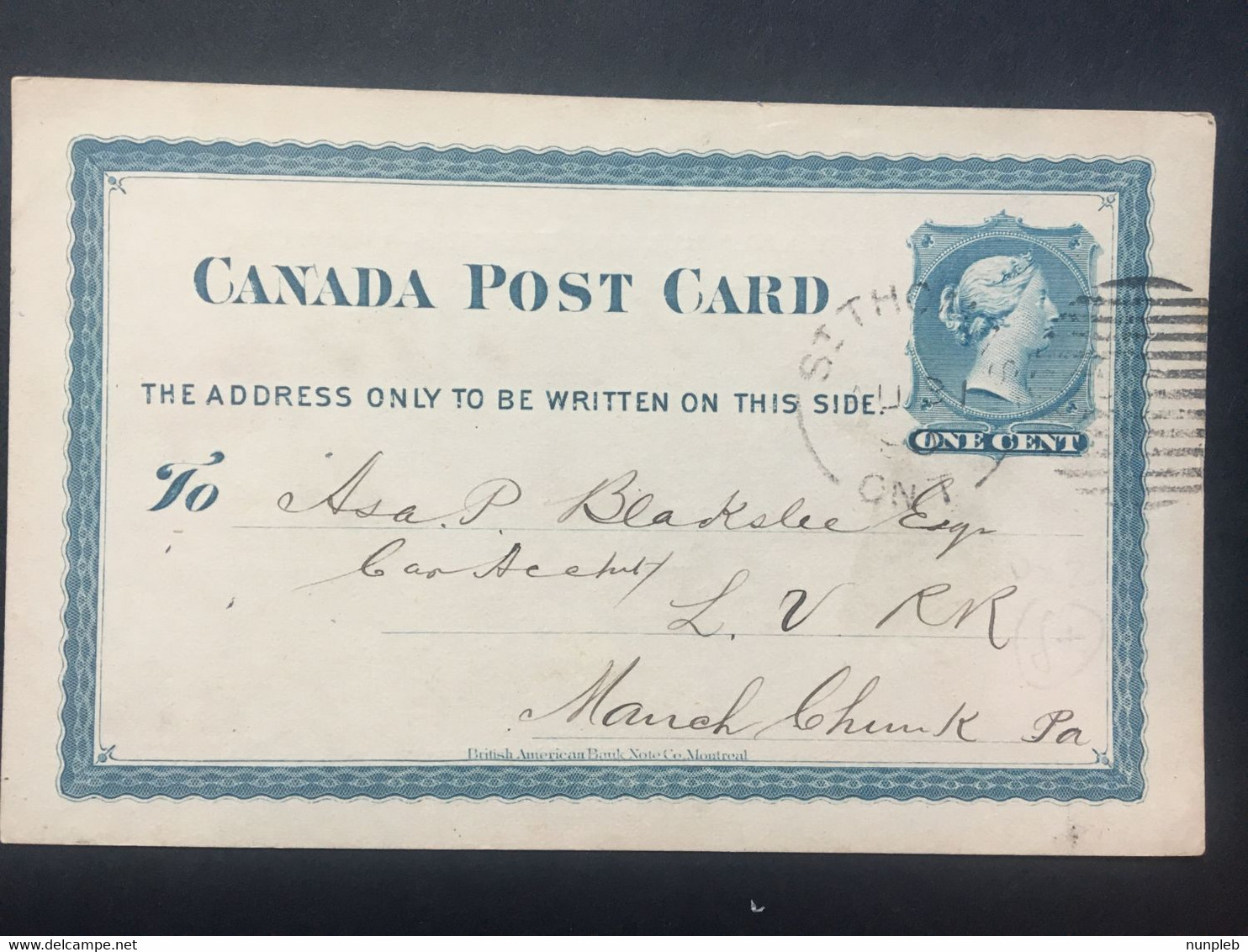 CANADA 1880 Pre-paid Victoria Postcard `Canada Southern Railway Line` St. Thomas Ont.to Philadelphia - 2 Scans - Cartas & Documentos