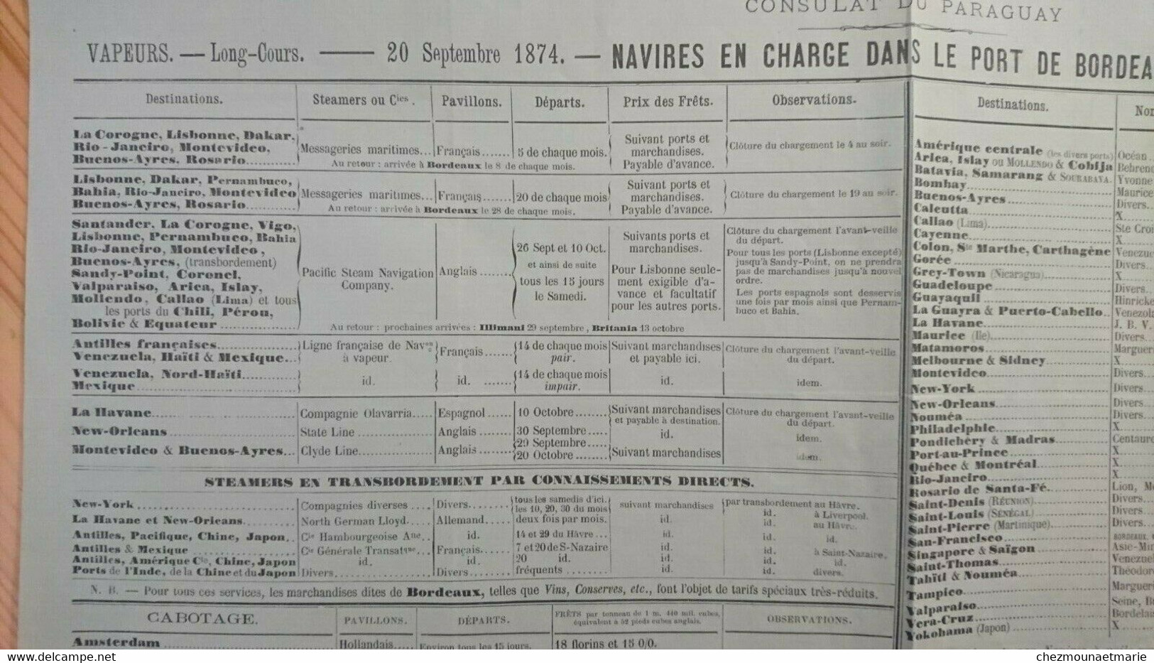 20/09/1874 BORDEAUX - CHARLES KOEHLER VINS - NAVIRES PORT DE BORDEAUX - CONSULAT PARAGUAY