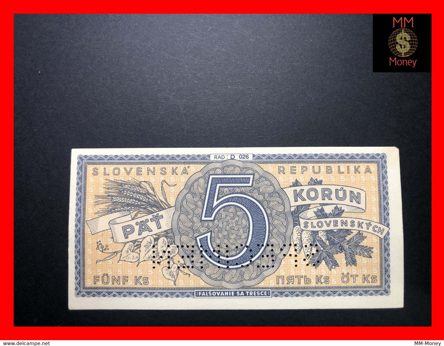 SLOVAKIA 5 Korun   1945  P. 8 S  "perforated Specimen"    XF \ AU - Eslovaquia