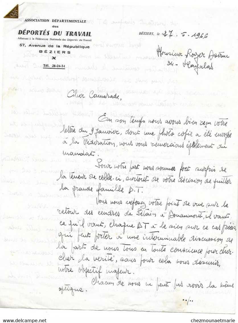 1966 BEZIERS - ASSOC DEPORTES DU TRAVAIL G. SABINEU - POUR ASTRUC A MAGALAS - 4 PAGES - Documents Historiques