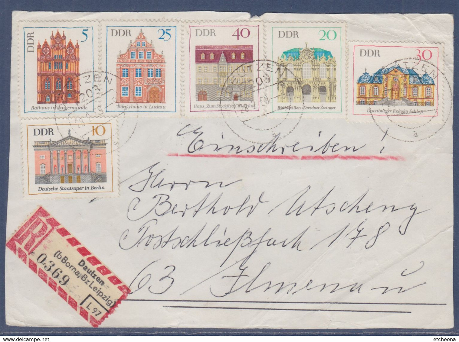 Série 6 Timbres Monuments Divers, Deutzen 28.2.69 Devant D'enveloppe Recommandé - Storia Postale