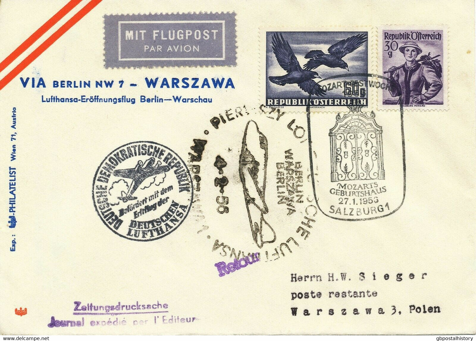 ÖSTERREICH 1956 Vögel 60 G U.a. Mitläufer-Erstflug LH-OST BERLIN - WARSCHAU RR! - Otros & Sin Clasificación