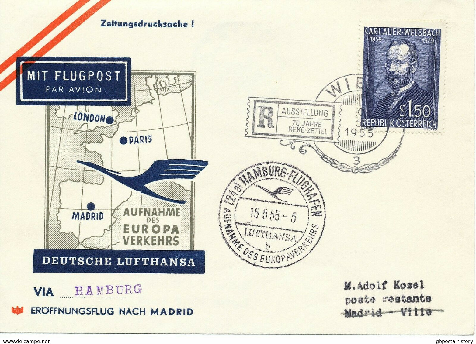 ÖSTERREICH 1955 LH Erstflug Aufnahme Des Europaverkehrs M CV-340 HAMBURG-MADRID - Other & Unclassified