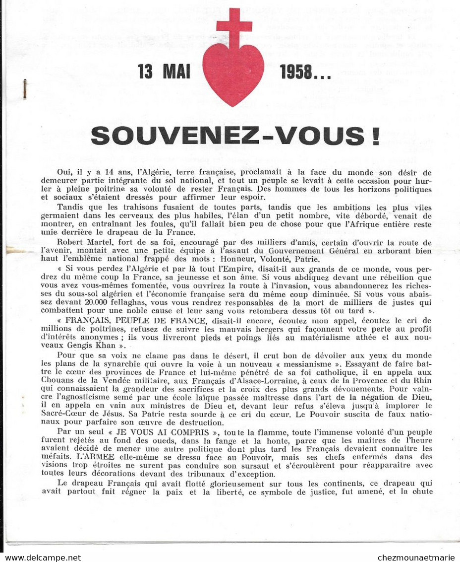 SACRE COEUR 13 MAI 1958 SOUVENEZ VOUS - PAR ROBERT MARTEL AGRICULTEUR A LA RIBERE - TEXTE SUR L ALGERIE - Documents Historiques