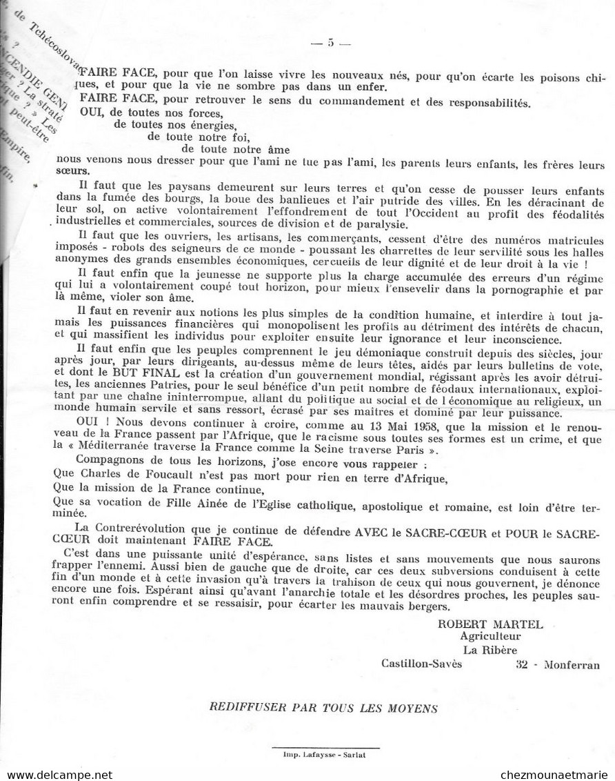 SACRE COEUR 13 MAI 1958 SOUVENEZ VOUS - PAR ROBERT MARTEL AGRICULTEUR A LA RIBERE - TEXTE SUR L ALGERIE - Documents Historiques