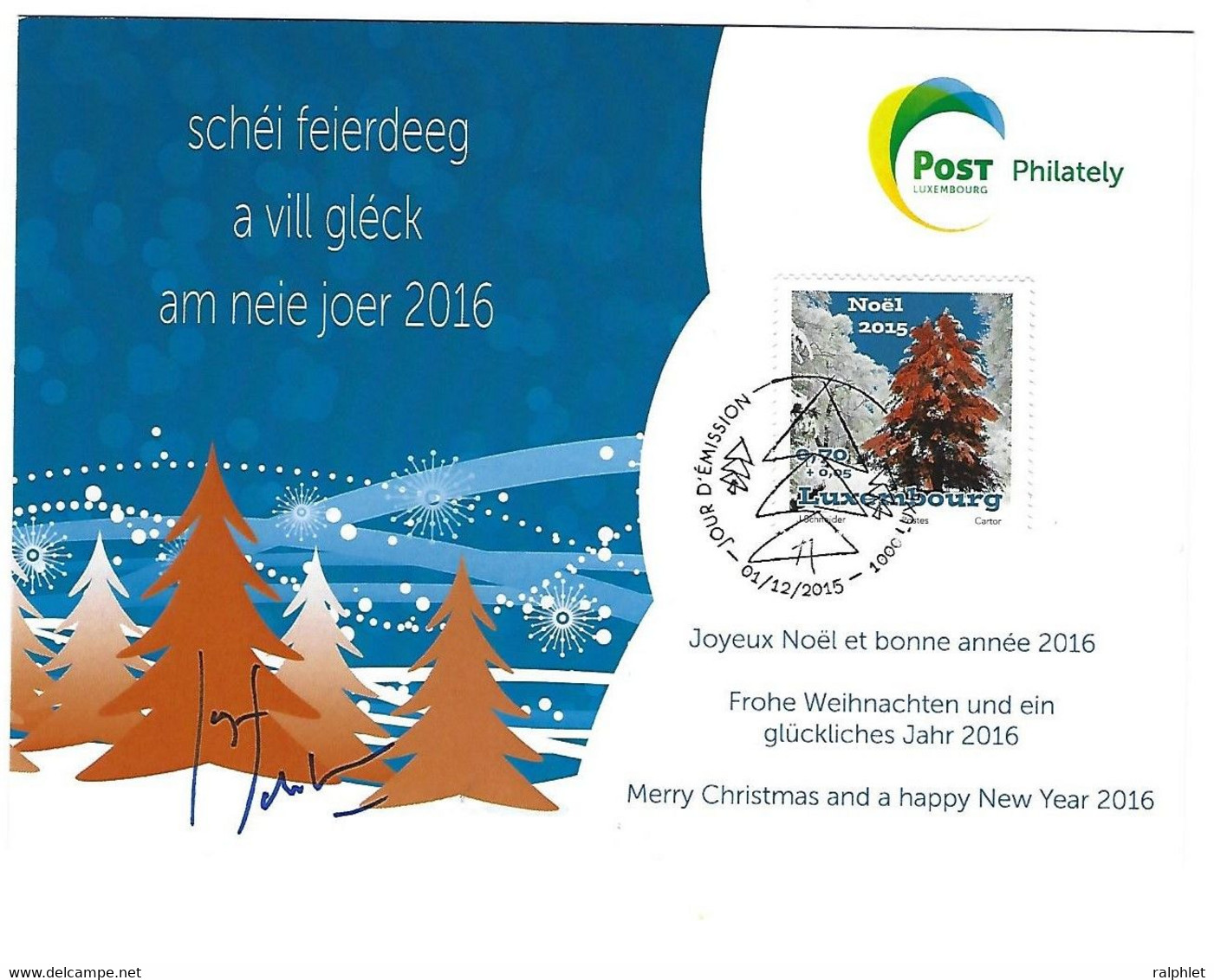 Luxembourg 2015 Noel Arbre Sapin Signature Artiste ¦ Christmas Tree Artist¦ Weihnachten Baum Tanne Unterschrift - Storia Postale