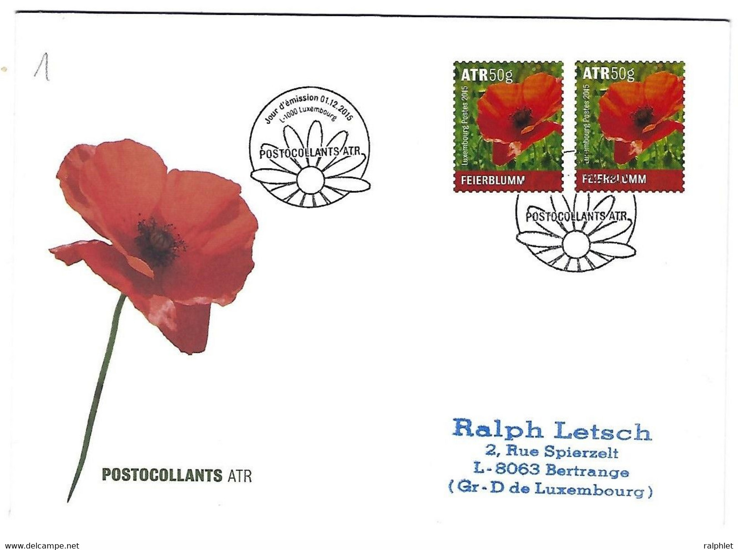 Luxembourg 2015 Fleur Flower Blume Feierblumm Papaver Klatschmohn Coquelicot - Brieven En Documenten