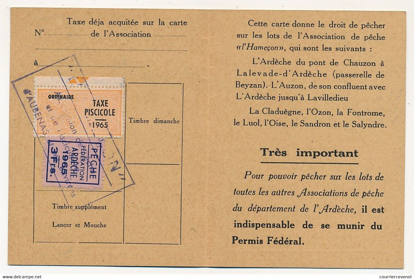 FRANCE - Carte De Pêche L'HAMEÇON Aubenas Ardèche 1965 - Fiscal Taxe Piscicole Ordinaire + Vignette Locale - Other & Unclassified