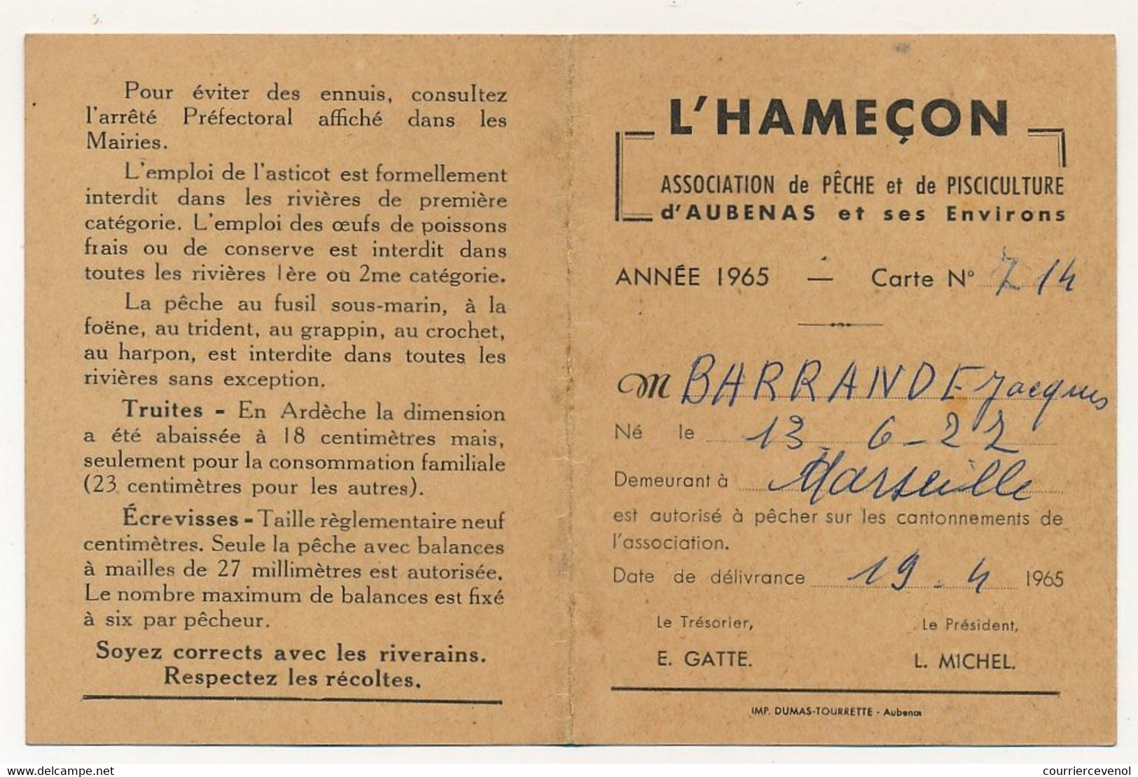 FRANCE - Carte De Pêche L'HAMEÇON Aubenas Ardèche 1965 - Fiscal Taxe Piscicole Ordinaire + Vignette Locale - Other & Unclassified