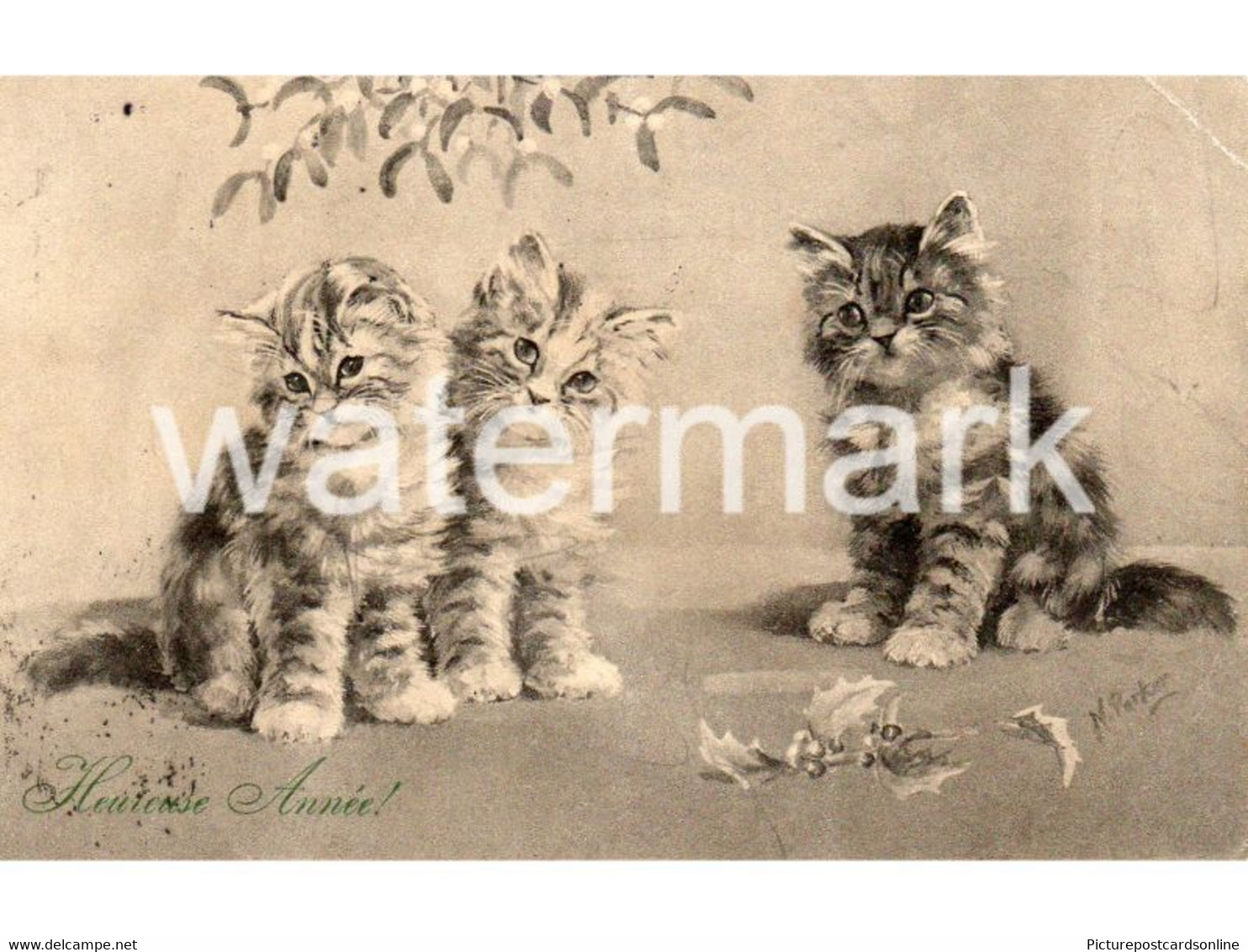 THREE CATS KITTENS OLD ART POSTCARD ARTIST SIGNED N. PARKER - Katten