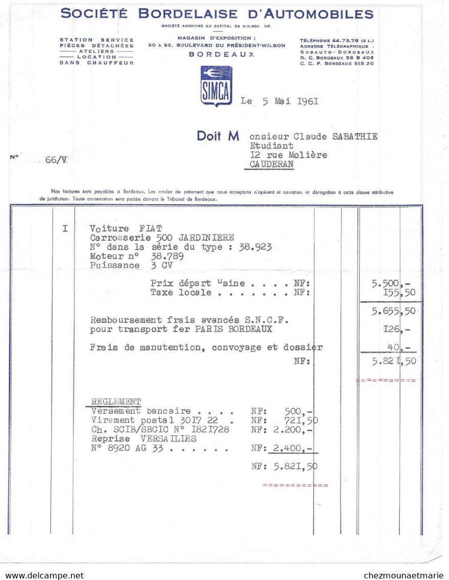 1961 SIMCA SOCIETE BORDELAISE D AUTOMOBILES - VOITURE FIAT M. SABATHIE A CAUDERAN - KFZ