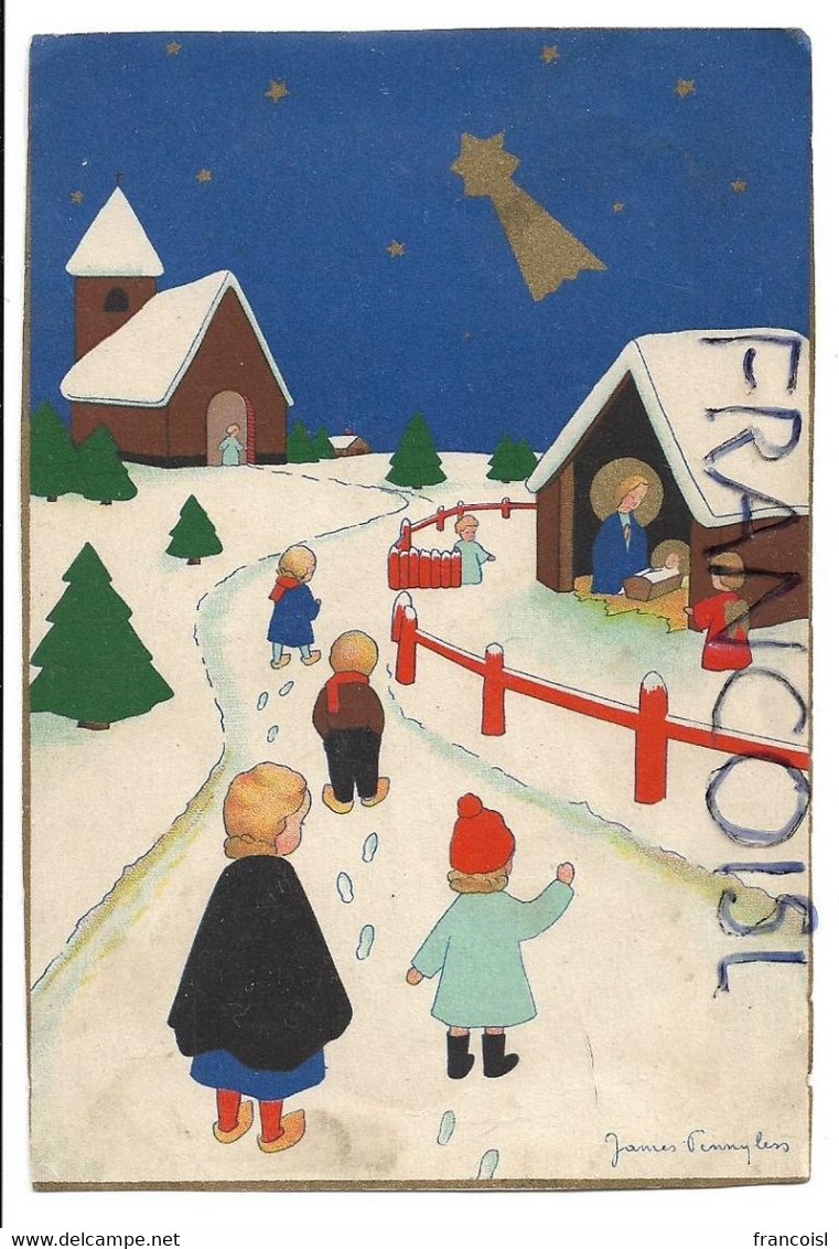 Enfants Se Rendant à La Crèche Sous La Neige. Etoile De Noël. Signée James Pennyless. - Pennyless, James