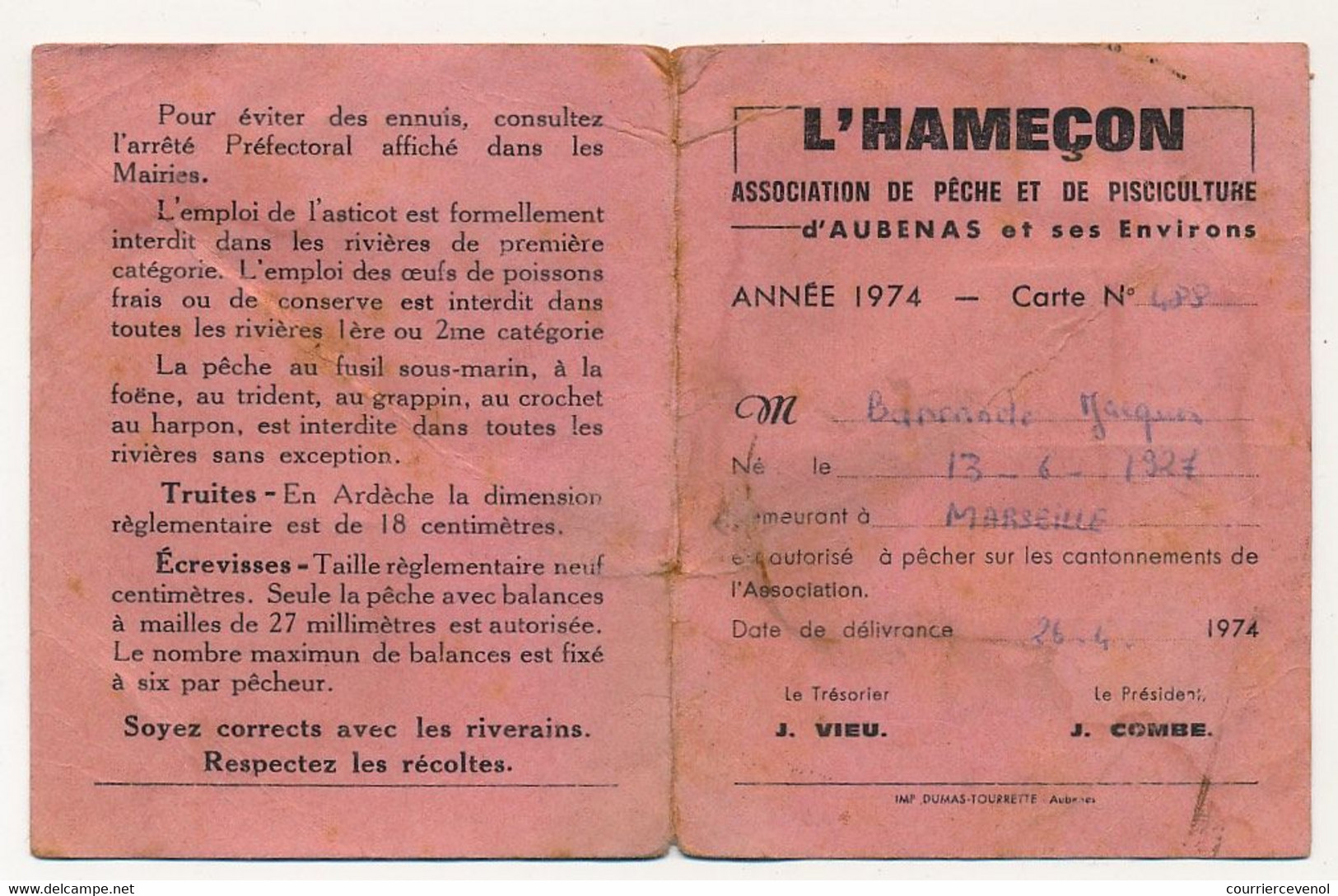 FRANCE - Carte De Pêche L'HAMEÇON Aubenas Ardèche 1974 - Fiscaux Taxe Piscicole Ordinaire + Supplément Lancer + Locale - Andere & Zonder Classificatie